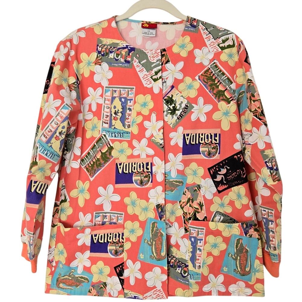 Coastal Casual Kidcore Tropical Print Vintage Inspired Florida Scrubs Peach XS